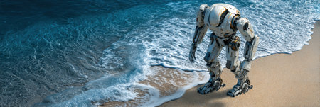 A robot bends down at the waters edge, observing the shoreline where the waves meet the sand on a sunny day.の素材