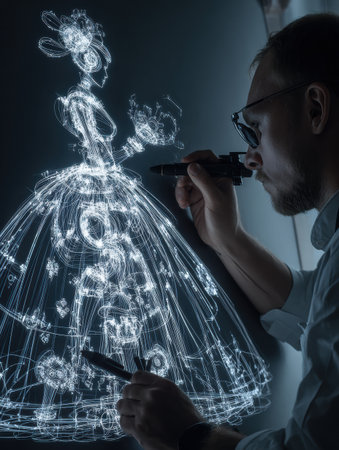 A designer focuses on creating an intricate fashion illustration using digital tools, showing creativity and skill in a studio environment.の素材