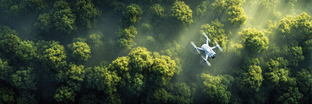 A drone flies over a lush green forest, capturing the beauty of sunlight filtering through the trees on a clear day.の素材