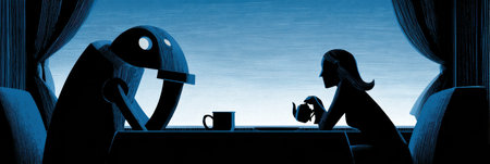 A robot and a woman sit across from each other at a table. They enjoy tea in a softly lit room, creating a warm and inviting atmosphere.の素材