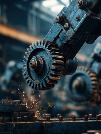 A robotic arm skillfully handles gears in a bustling workshop, with sparks flying, highlighting advanced tech and craftsmanship.の素材