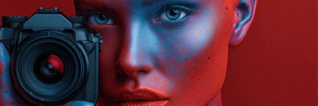 A woman poses confidently while holding a camera, showcasing vibrant colorful makeup and artistic facial effects on a red backdrop.の素材