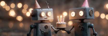 Two playful robots hold a cake with lit candles, celebrating a special occasion in a vibrant, festive atmosphere filled with lights.の素材