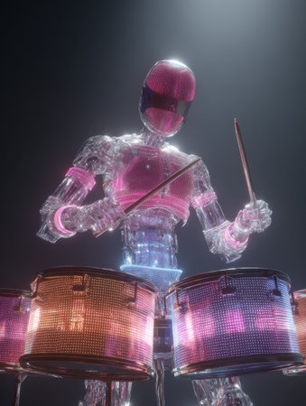 A robot drummer plays energetically with illuminated drums, showcasing a captivating light display during a live performance.の素材