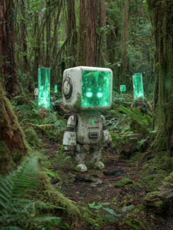 A small robot with a transparent glowing head stands amidst dense green foliage, with glowing pillars in the background during twilight.の素材