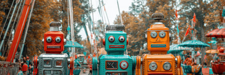 Three colorful vintage robots stand together, surrounded by a lively amusement park atmosphere in autumn with rides and decorations.の素材