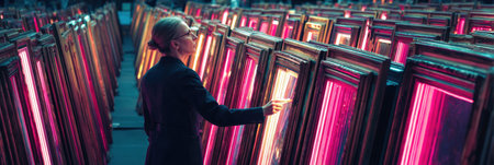 A woman with glasses studies a collection of illuminated frames in a gallery filled with colorful light, showing her interest in art.の素材