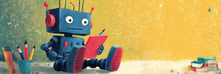 A robot sits on the floor, reading a book supplies in a vibrant classroom filled with art and books, promoting creativity and learning.の素材