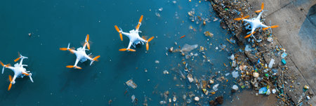 Drones are actively gathering waste from a polluted water body along a shoreline, highlighting environmental efforts.の素材