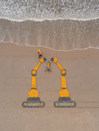 Brightly colored objects arranged to form robotic arms on a sandy beach, with a person nearby during daylight hours.の素材
