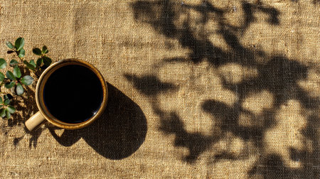 A warm coffee cup sits on textured burlap, casting soft shadows along with greenery. The morning sun adds a serene touch.の素材