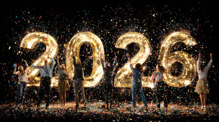 Friends celebrate the arrival of 2026 with laughter, confetti, and excitement while posing around large golden numbers.の素材