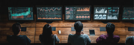 A group of people is focused on financial charts displayed on several monitors in a contemporary office environment.の素材