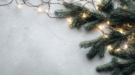 Green pine branches with glowing lights bring a warm and festive touch, perfect for holiday decorations and gatherings.の素材