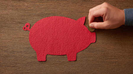 A hand is adding a coin to a red piggy bank cutout on a textured wooden surface during a moment of saving.の素材