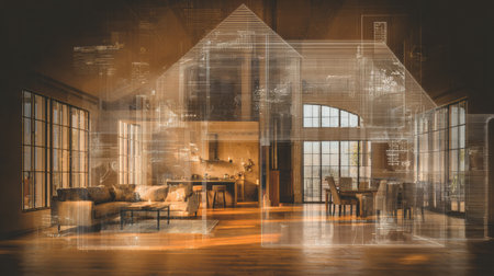 Innovative living room showcasing a blend of comfort and technology with digital architectural designs highlighting the layout and featuresの素材