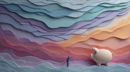 A small figure reaches out to a white piggy bank in a vibrant paper cut landscape of layered colors.の素材
