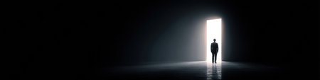 A businessman stands confidently in front of a bright door emerging from a dark corridor, representing success and potential solutions.の素材