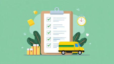 Detailed courier checklist shows items and timestamps for organized delivery tasks, set against a minimal green background.の素材