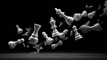 Chess pieces tumble through the air, symbolizing lost control and failed plans amidst an atmosphere of emotional darkness.の素材