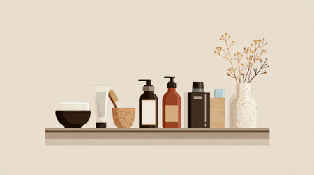 Skincare products arranged neatly on a tidy shelf, highlighting a minimalist approach with natural decor and a serene atmosphere.の素材