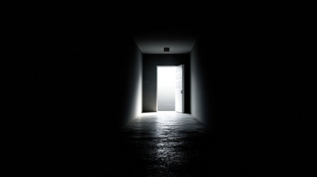 A light-filled door stands at the end of a dark corridor, symbolizing possibilities and resolution amidst uncertainty.の素材