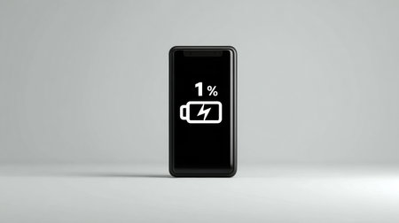 A mobile phone displays a low battery indicator showing 1 percent, symbolizing dependency and stress in todays technology-driven world.の素材