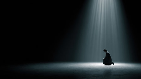 Under a spotlight in a dark room, a woman kneels with a somber expression, conveying feelings of remorse and seeking forgiveness.の素材