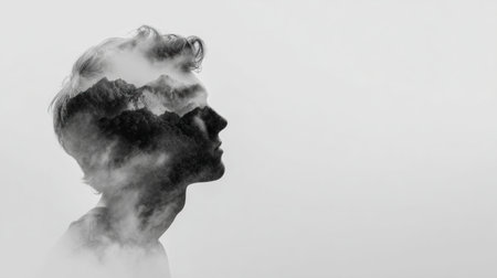 A human silhouette gradually fades into fog, symbolizing the struggle with identity and confidence in a tranquil, mysterious environment.の素材