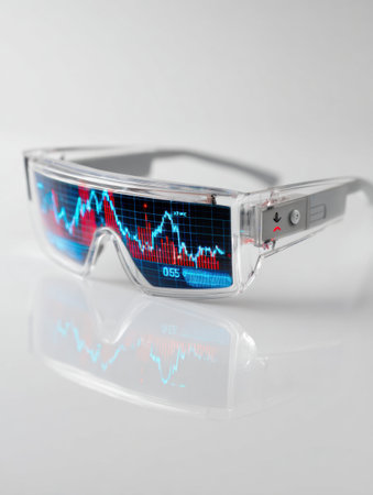 Reflective smart glasses show vibrant stock market graphs set against a simple background, emphasizing innovation in fintech.の素材