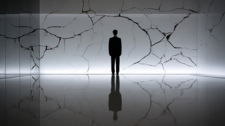 Standing in front of a cracked mirror, an individual contemplates their sense of self in a stark, minimalist space.の素材