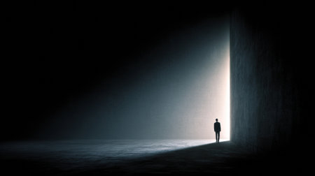 A man is positioned in a dim tunnel, with a bright light in the distance. He faces the unknown, embodied fear and hesitation to advance.の素材