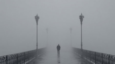 A person walks alone on a bridged envelope in dense fog, expressing uncertainty and anxiety while seeking a sense of direction in life.の素材