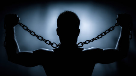 A shadowy figure stands holding chains, illustrating themes of guilt and self-punishment in a dimly lit setting.の素材