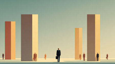 A businessman appears small amid taller colleagues, representing low self-esteem and feelings of inadequacy in a corporate setting.の素材