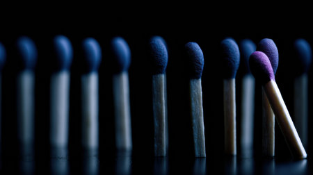 A single match lights up in a dark room, representing how one idea can solve a big problem and inspire change.の素材