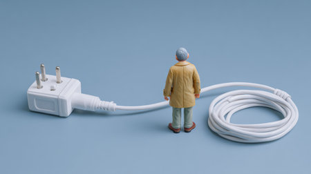 A man stands contemplating a disconnected plug, symbolizing challenges in communication. The scene features a clean and minimalistic background.の素材