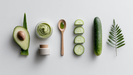 Discover a calming flat lay of aloe, avocado, cucumber, and natural skincare products creating a soothing spa atmosphere.の素材