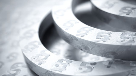 This artwork features layered, concentric rings that symbolize the global economy, interspersed with currency signs in a minimalistic style.の素材