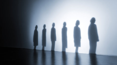 A lone figure stands in front of a wall, with shadows of identical shapes creating a powerful scene of self-identity and confidence.の素材