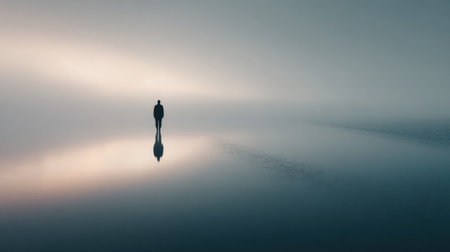A person stands alone in dense fog, reflecting on lives challenges while looking for a path forward in a silent, unclear landscape.の素材