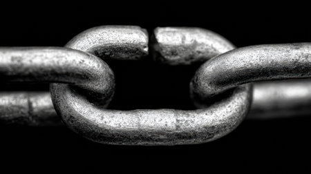 A close-up view of a broken chain link reveals a symbolic representation of weakness and failure.の素材
