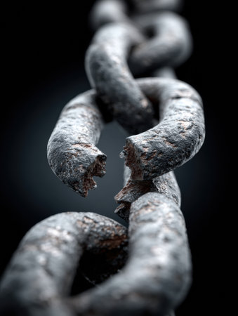A detailed close-up of a broken chain link highlights the themes of failure and missing connection in a metallic surface.の素材