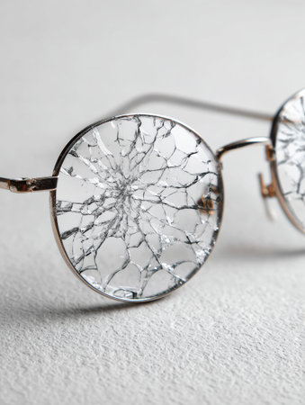 The cracked lens of glasses rests on a white table, highlighting themes of fragility and reflection in a minimalist setting.の素材