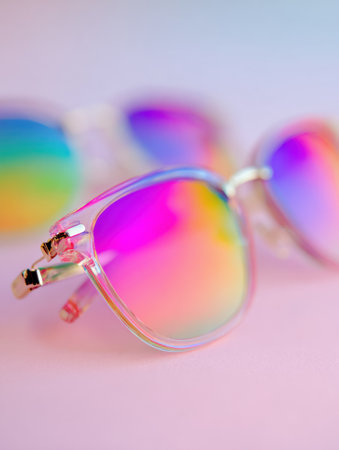 Bright and vibrant sunglasses with colorful gradient lenses showcase summer trends against a soft pastel background, ideal for warm days.の素材