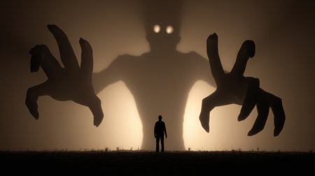 A silhouette confronts a massive shadow with eerie features, capturing the essence of fear and inner conflict at dusk in an otherworldly setting.の素材