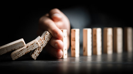 A hand carefully pushes a domino upright, reversing a falling chain reaction. This action symbolizes control and recovery in the moment.の素材