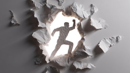 A strong silhouette bursts through a paper wall, symbolizing courage and the power of overcoming obstacles in a dynamic moment of triumph.の素材