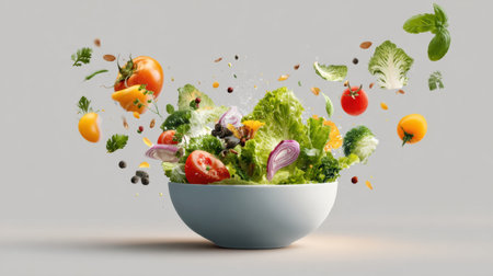 Colorful vegetables and herbs are floating around a salad bowl, showcasing fresh ingredients in a bright, clean kitchen environment.の素材