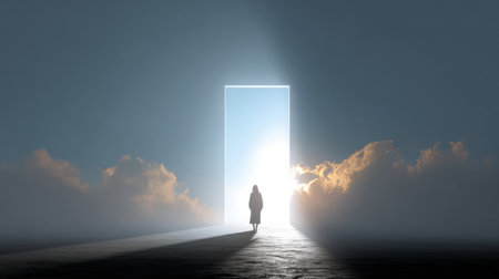 A person steps from darkness into bright light through an open door, representing a journey of healing and self-discovery.の素材